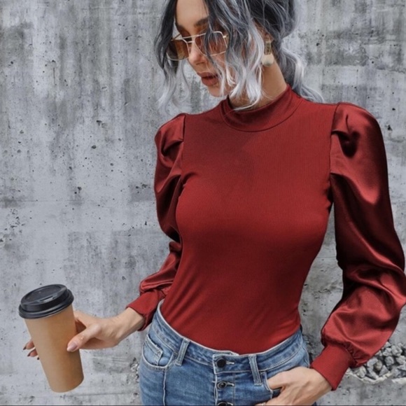 Ribbed Long Sleeve Puff Top- PINK - Picture 2 of 13